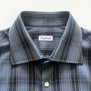 Isaia Men's Navy and Gray Checkered Shirt - size M